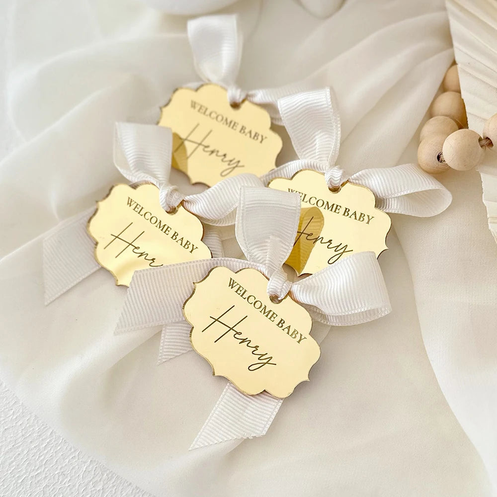 Etichette con nome per bomboniere di benvenuto per baby shower, 50 pezzi di etichette acriliche personalizzate.