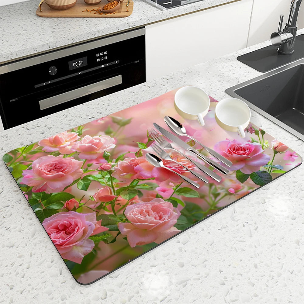 Large Kitchen Absorbent Mat Flowers Roses