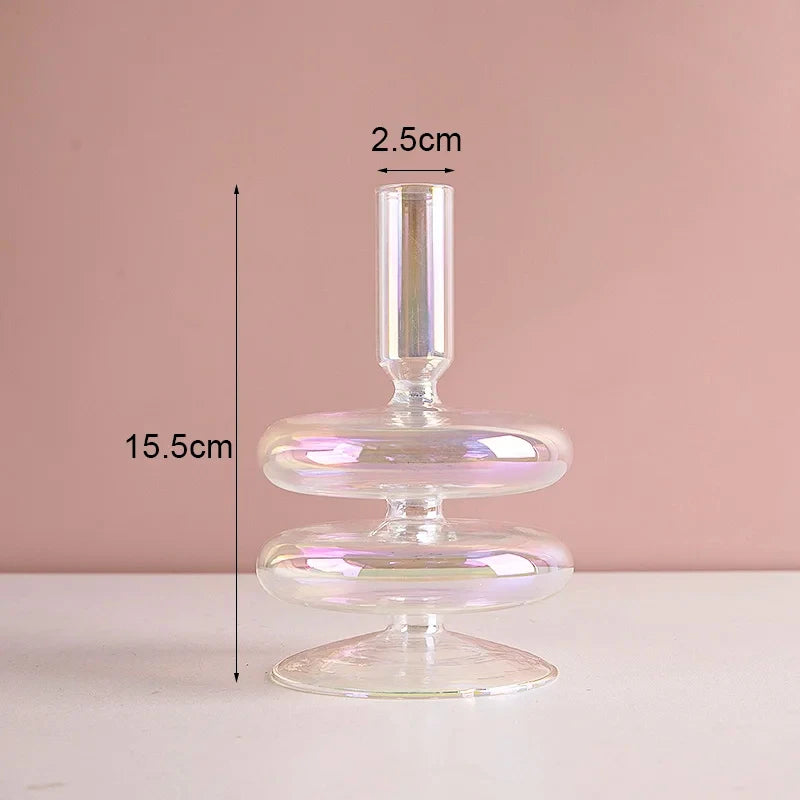 Marineblauer Kerzenhalter aus Glas mit Streifen und Blumenmuster