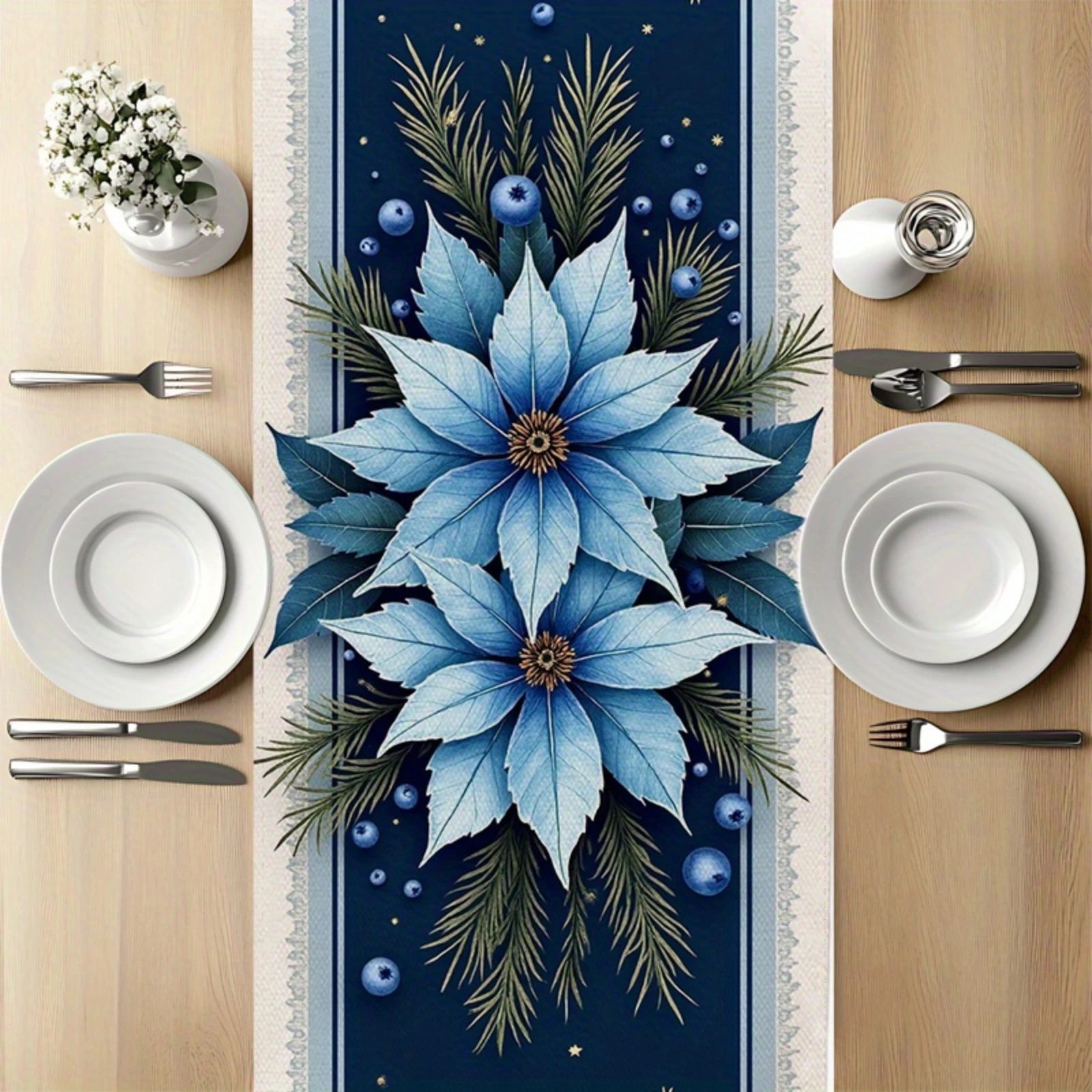 Runner da tavola natalizio, elegante decorazione da pranzo per le feste in blu navy con stella di Natale blu.