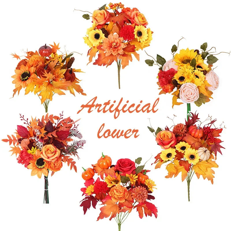 Weihnachtlicher Orangenstrauß mit künstlichen Sonnenblumen und Ahornblättern