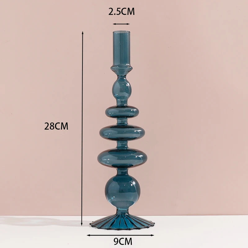 Marineblauer Kerzenhalter aus Glas mit Streifen und Blumenmuster