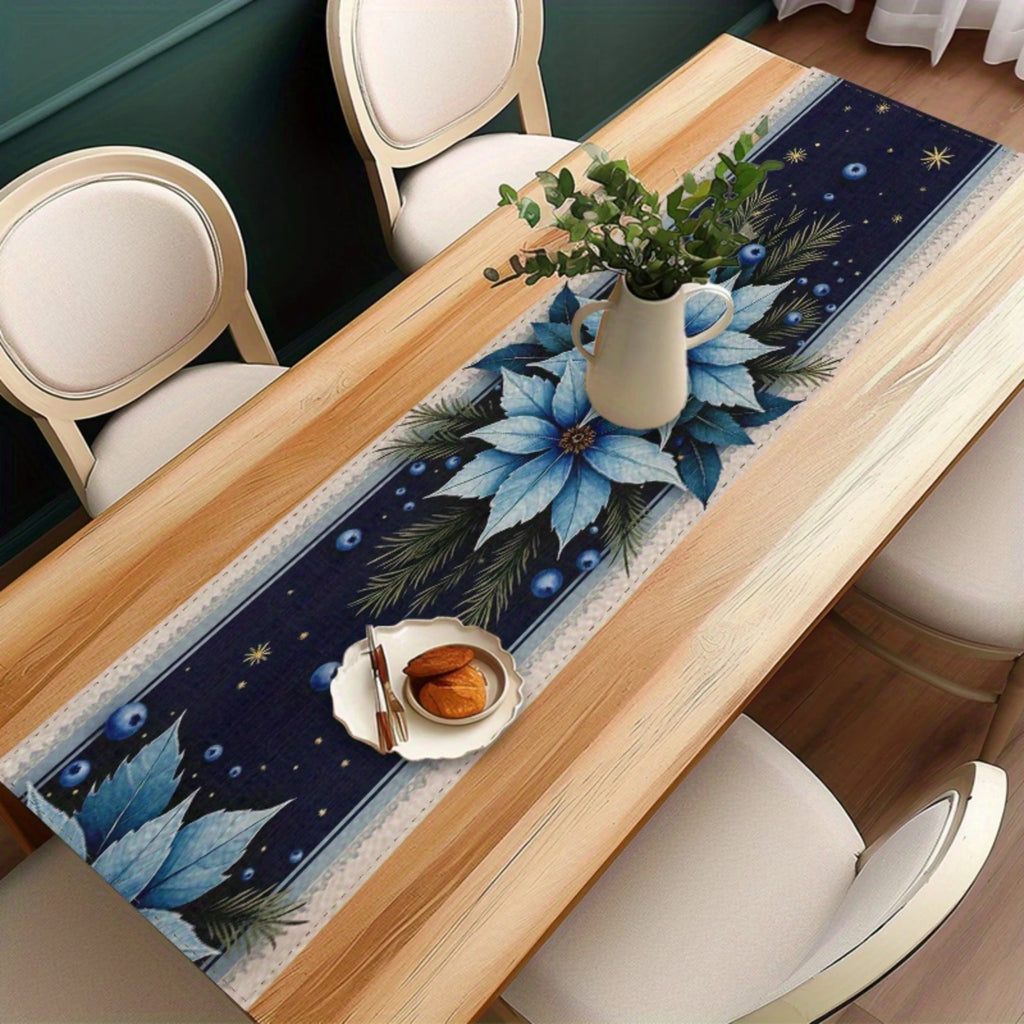Camino de mesa navideño elegante, decoración navideña en color azul marino con flor de Pascua azul.