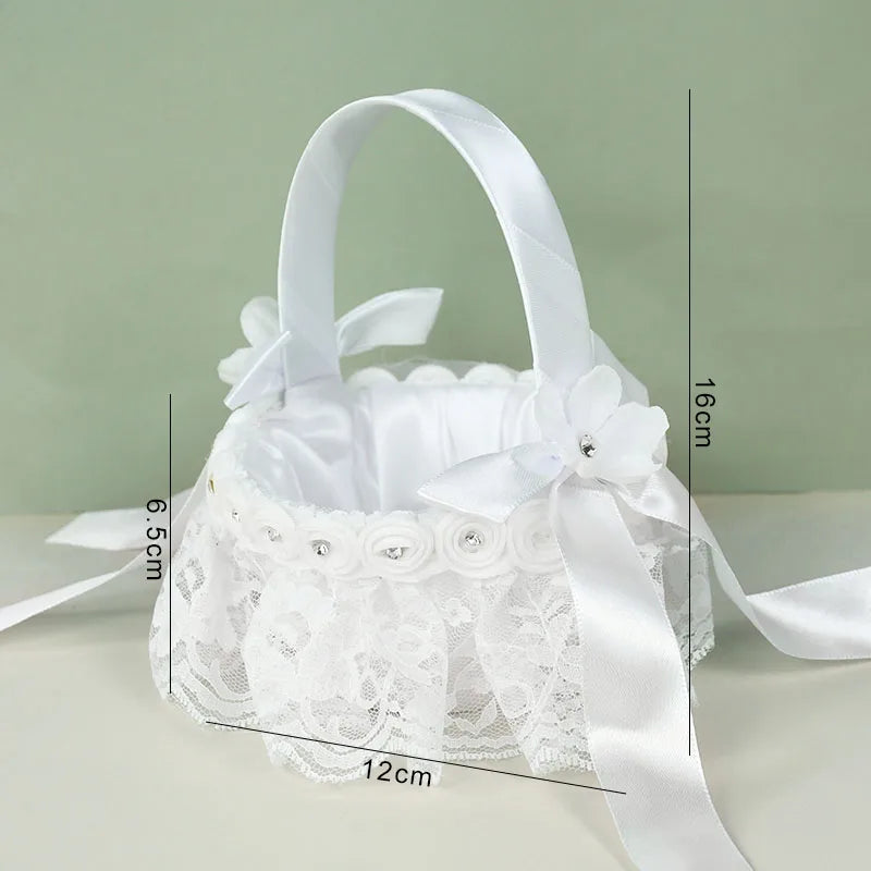 Cesta de seda para niñas con flores blancas, cesta de boda de 20 cm para ceremonia de boda.