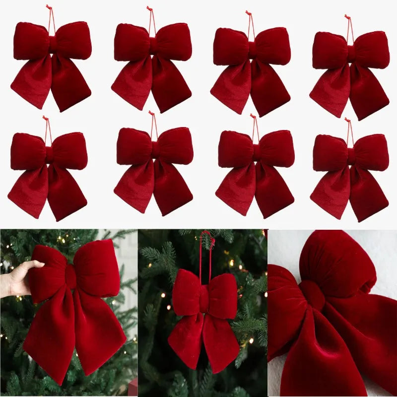 Decoración para árbol de Navidad con lazo de terciopelo rojo.
