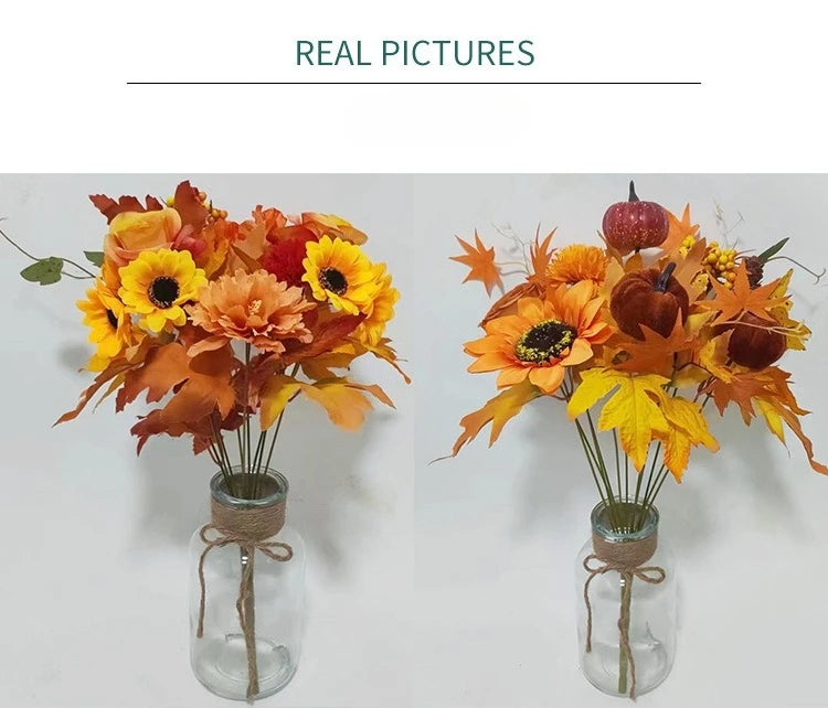 Weihnachtlicher Orangenstrauß mit künstlichen Sonnenblumen und Ahornblättern