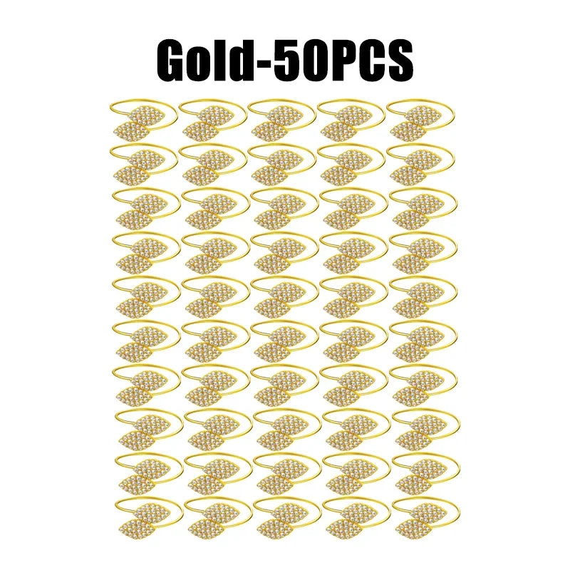 Anillos de servilleta con hojas, elegante decoración de mesa con hojas doradas y plateadas.