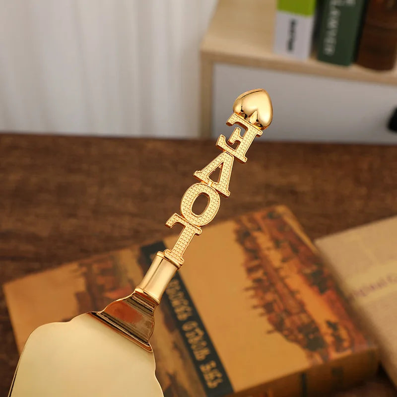 Juego de cuchillos y servidor retro dorados LOVE, 2 piezas, regalo de boda