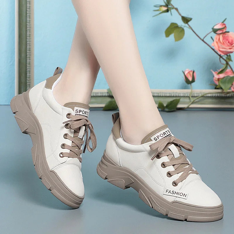 Soft Leather Sneaker Trekking Footwear Thick-soled Lace-up