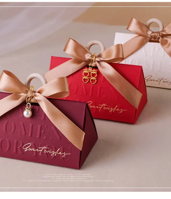Caja de dulces triangular para boda, color vino tinto, portátil, 5 unidades