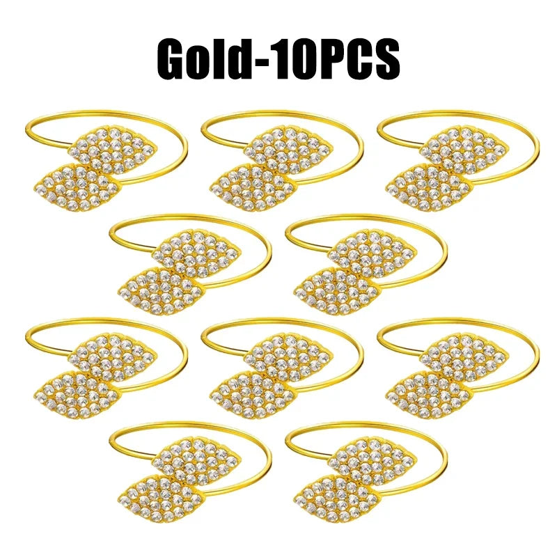 Anillos de servilleta con hojas, elegante decoración de mesa con hojas doradas y plateadas.