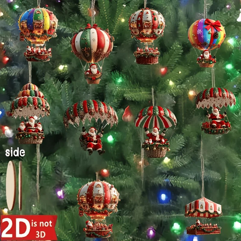 Wooden Hot Air Balloon Santa Claus 2D Flat Wooden Pendant.