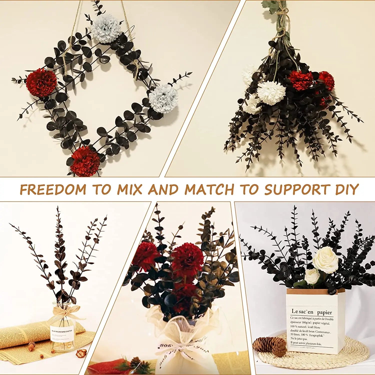 Tallos de eucalipto artificiales, planta falsa de dólar de plata.