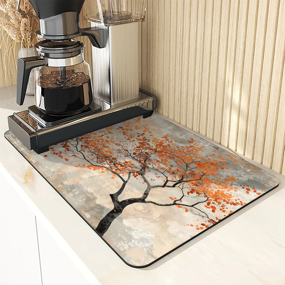 Large Kitchen Absorbent Mat Autumn Leaves Dish Drying Mat