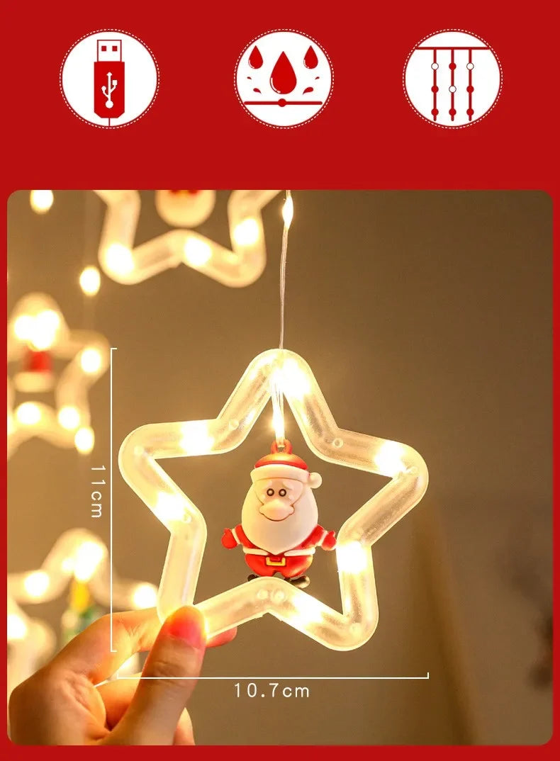 Christmas Lights String Star Santa Claus Curtain.