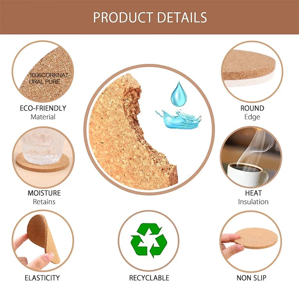 Non-Slip Cork Coaster Natural Round Wooden Cup Mat Pads