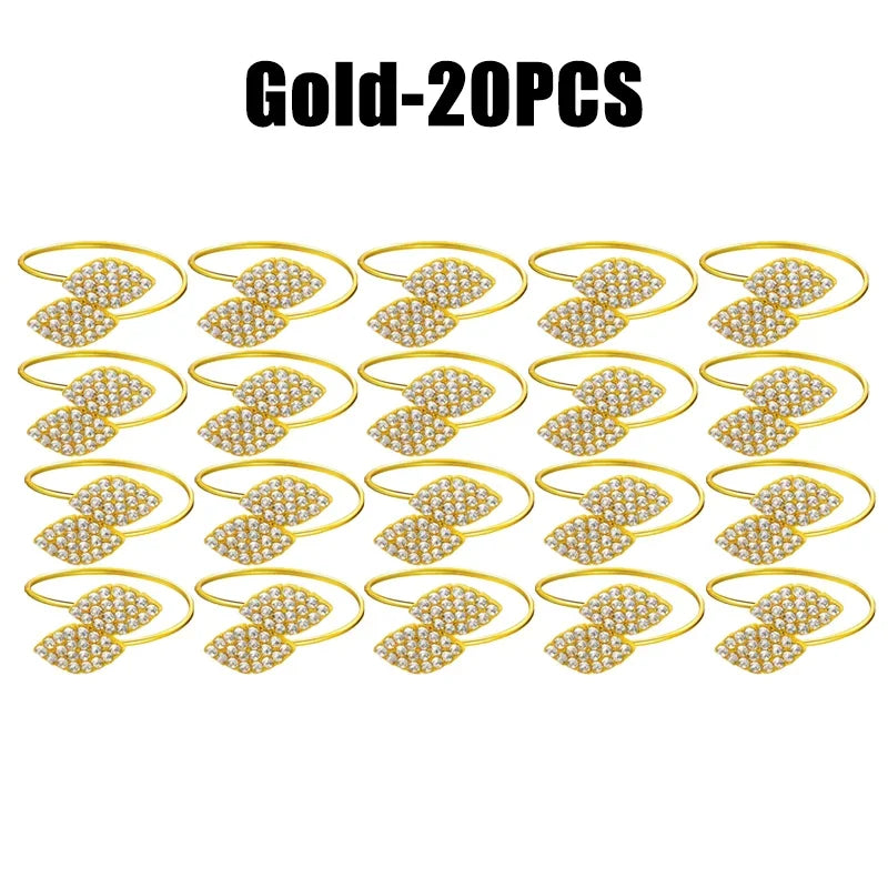 Anillos de servilleta con hojas, elegante decoración de mesa con hojas doradas y plateadas.