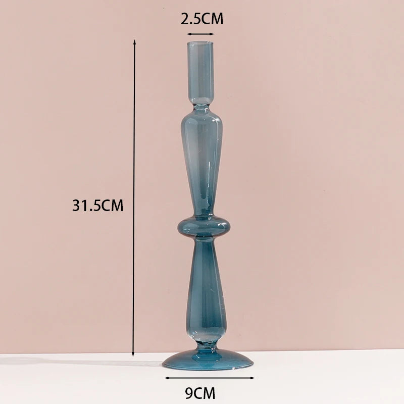 Marineblauer Kerzenhalter aus Glas mit Streifen und Blumenmuster