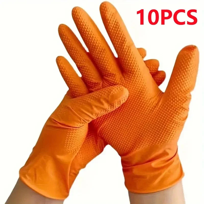 Guantes industriales de nitrilo de color naranja para trabajo pesado con agarre texturizado de diamante.