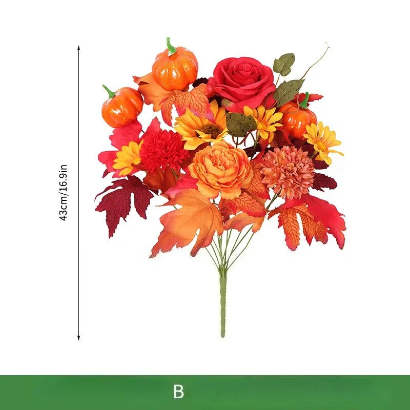 Weihnachtlicher Orangenstrauß mit künstlichen Sonnenblumen und Ahornblättern