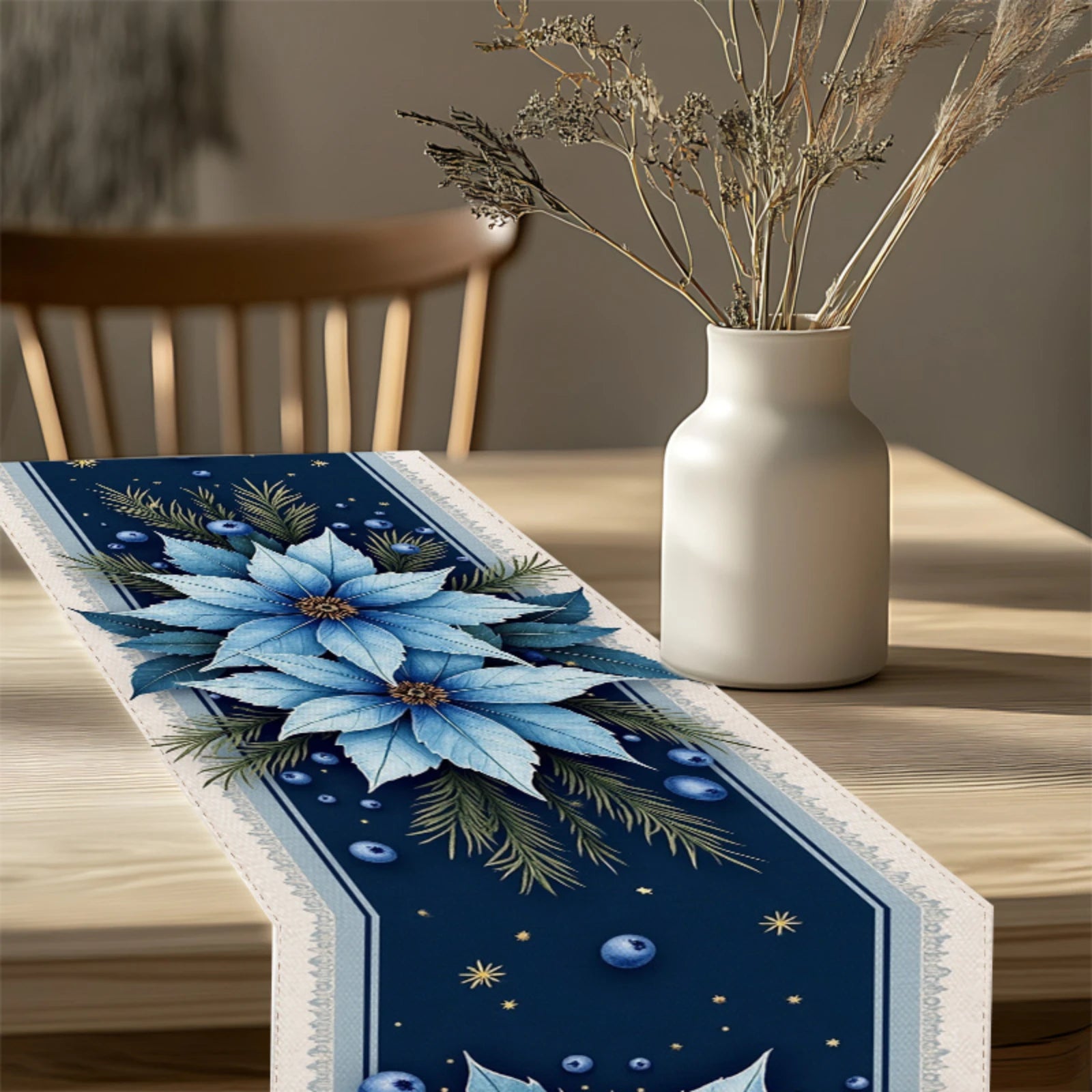 Runner da tavola natalizio, elegante decorazione da pranzo per le feste in blu navy con stella di Natale blu.