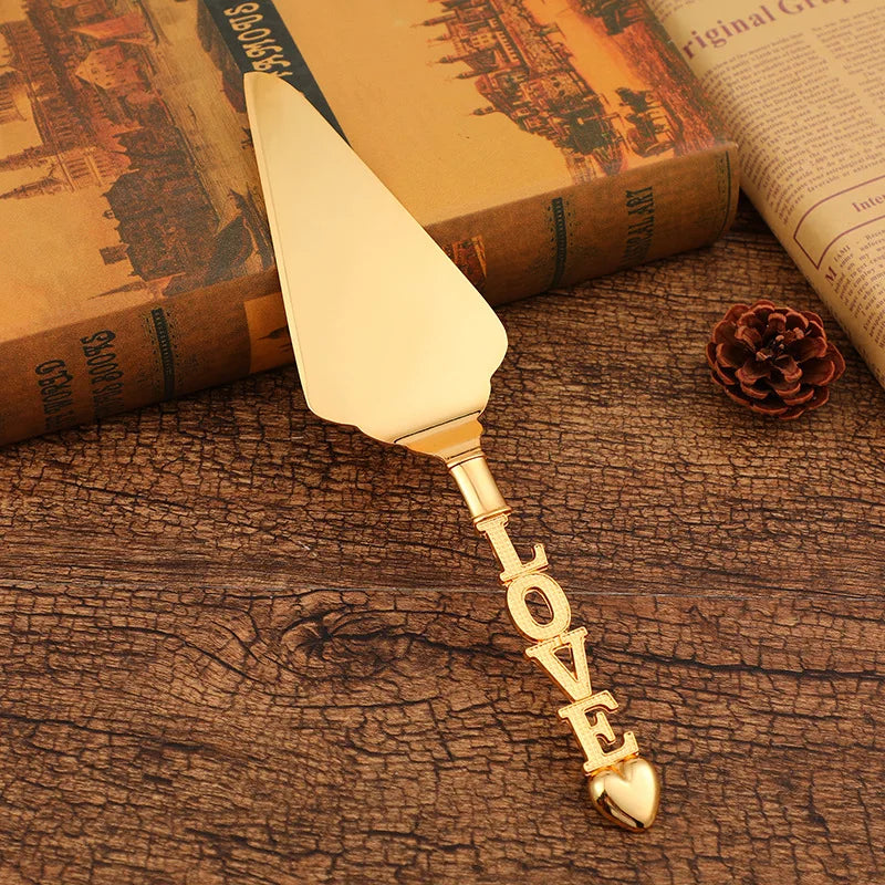 Juego de cuchillos y servidor retro dorados LOVE, 2 piezas, regalo de boda