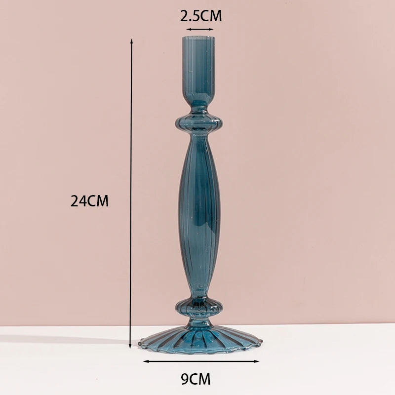 Marineblauer Kerzenhalter aus Glas mit Streifen und Blumenmuster