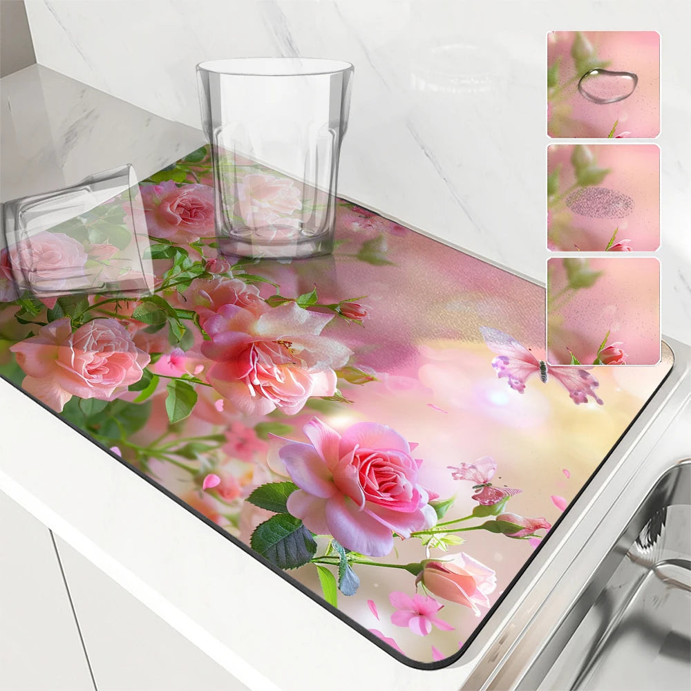 Large Kitchen Absorbent Mat Flowers Roses
