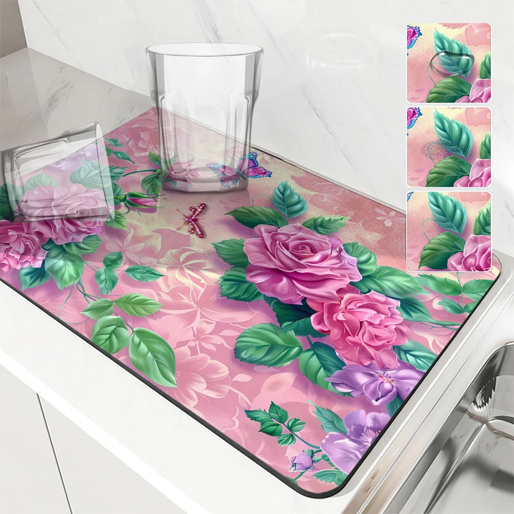 Large Kitchen Absorbent Mat Flowers Roses