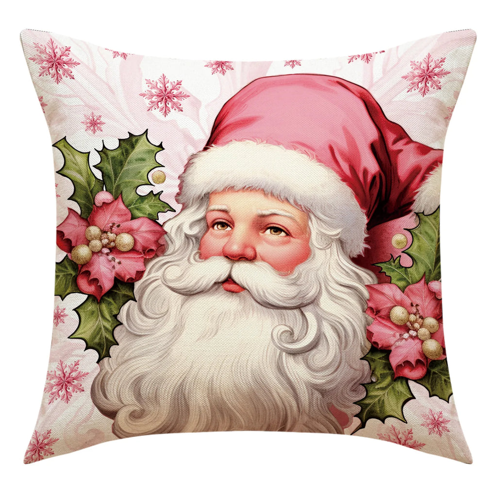 Funda de almohada navideña rosa 45x45cm Papa Noel, Muñeco de Nieve Arbol de Navidad.