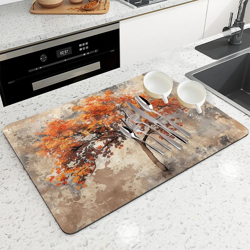 Large Kitchen Absorbent Mat Autumn Leaves Dish Drying Mat