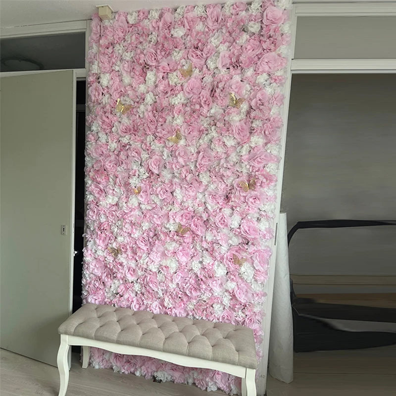 Decoración de fondo de pared con flores artificiales de rosas de seda rosa