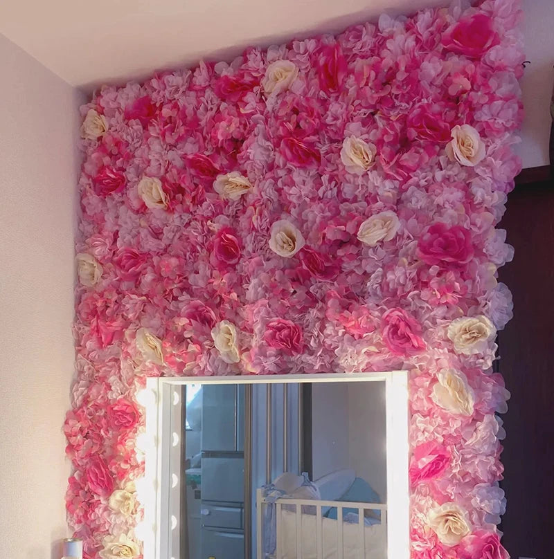 Decoración de fondo de pared con flores artificiales de rosas de seda rosa