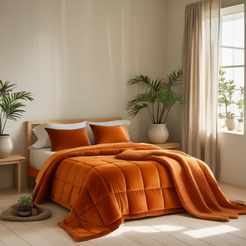 Trapunta Glenda in Velluto di Cotton Trapuntatura a Cassettoni Colore Zucca