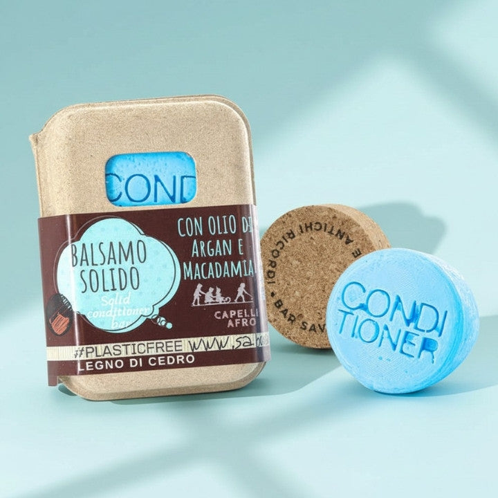 BALSAMO SOLIDO CAPELLI AFRO O RICCI POROSI AL LEGNO DI CEDRO CON BAR SAVER IN SUGHERO