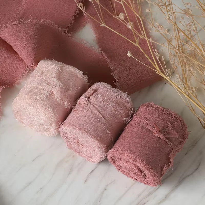 Nastro di seta sfilacciato con bordo in chiffon stropicciato, 3 rotoli, 6,5 m per rotolo