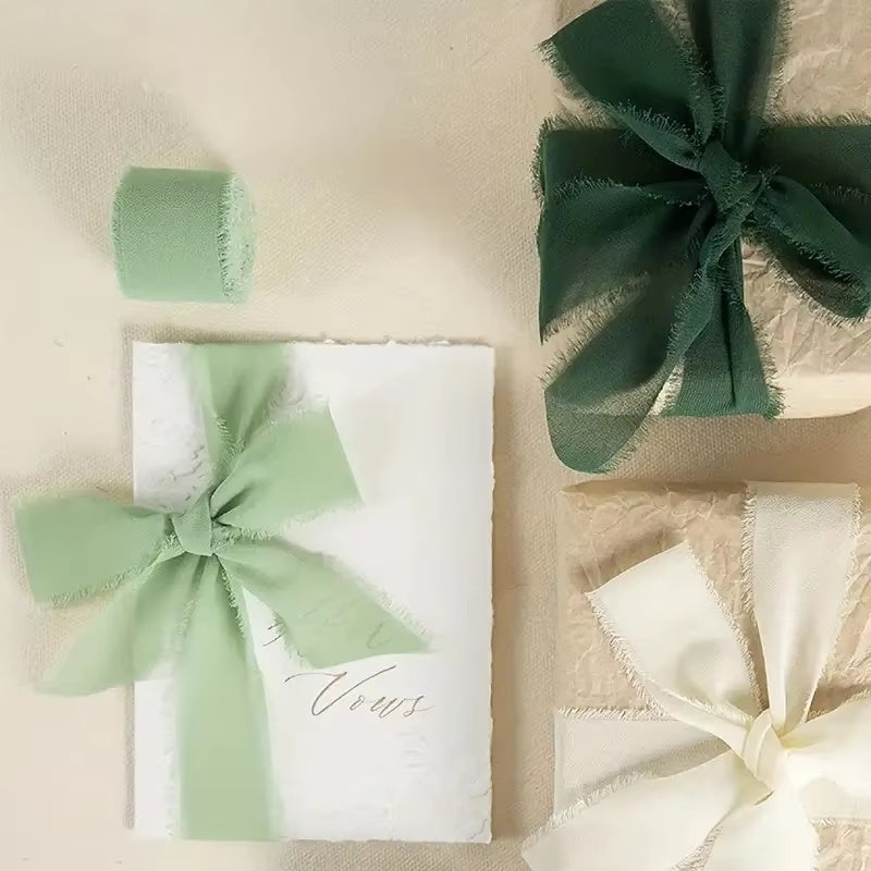 Nastro di seta sfilacciato con bordo in chiffon stropicciato, 3 rotoli, 6,5 m per rotolo