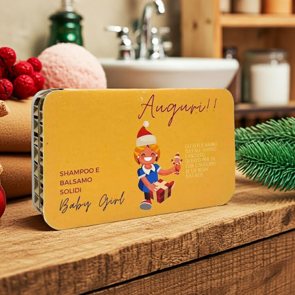 CONFEZIONE NATALIZIA PER BAMBINA SHAMPOO SOLIDO BABY GIRL FIOR DI TALCO+BALSAMO SOLIDO BABY ANGURIA & CETRIOLO
