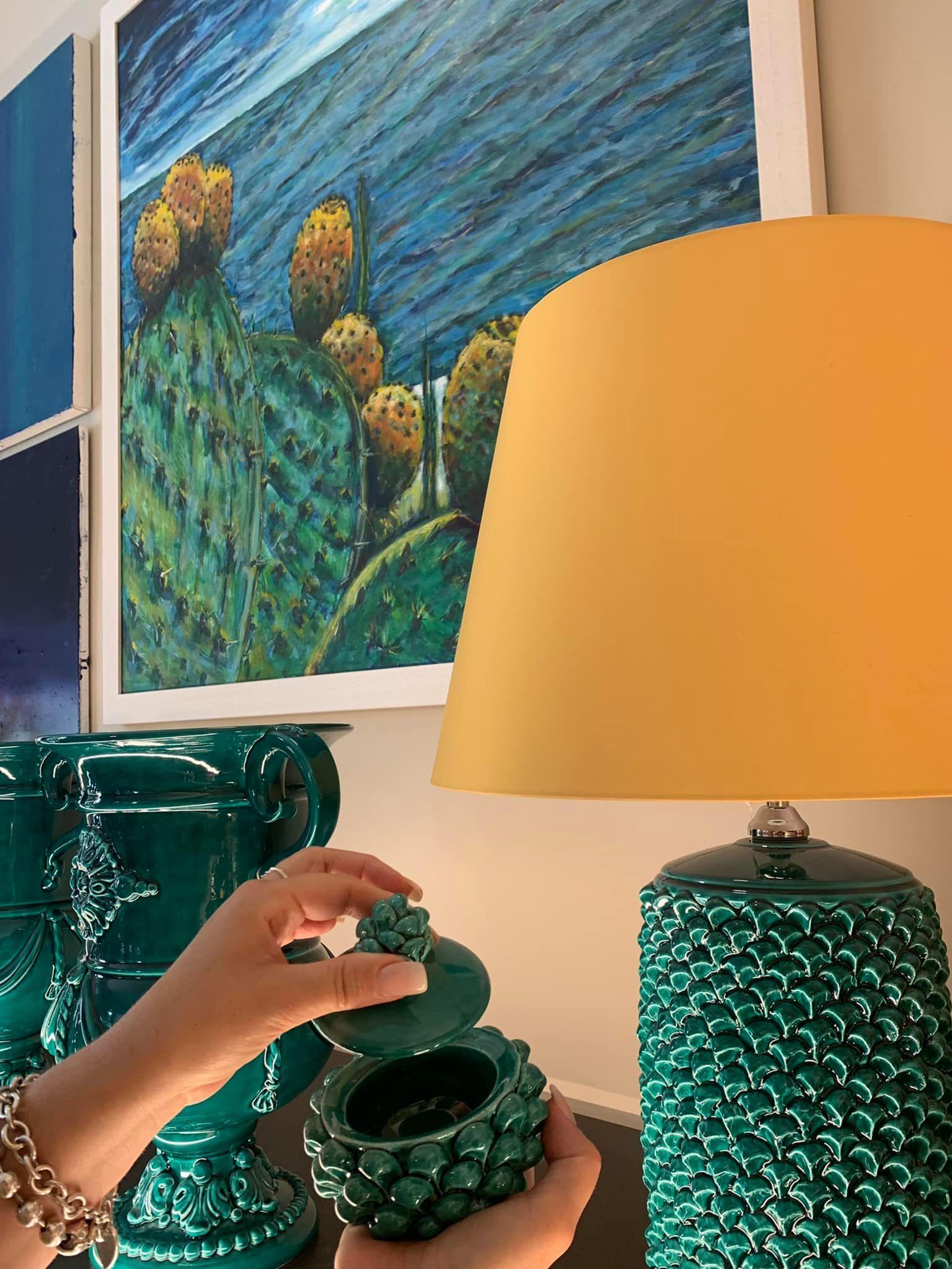 Lume pigna cilindro h 60 Verde Smeraldo in ceramica di Caltagirone