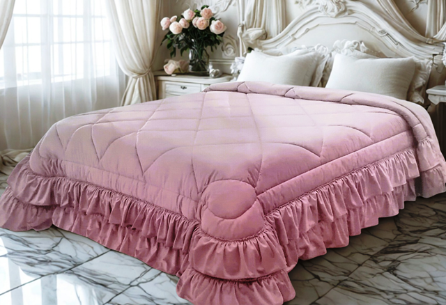 Trapunta Cassandra in Velluto di Cotone Doppia Rouche Colore Rosa