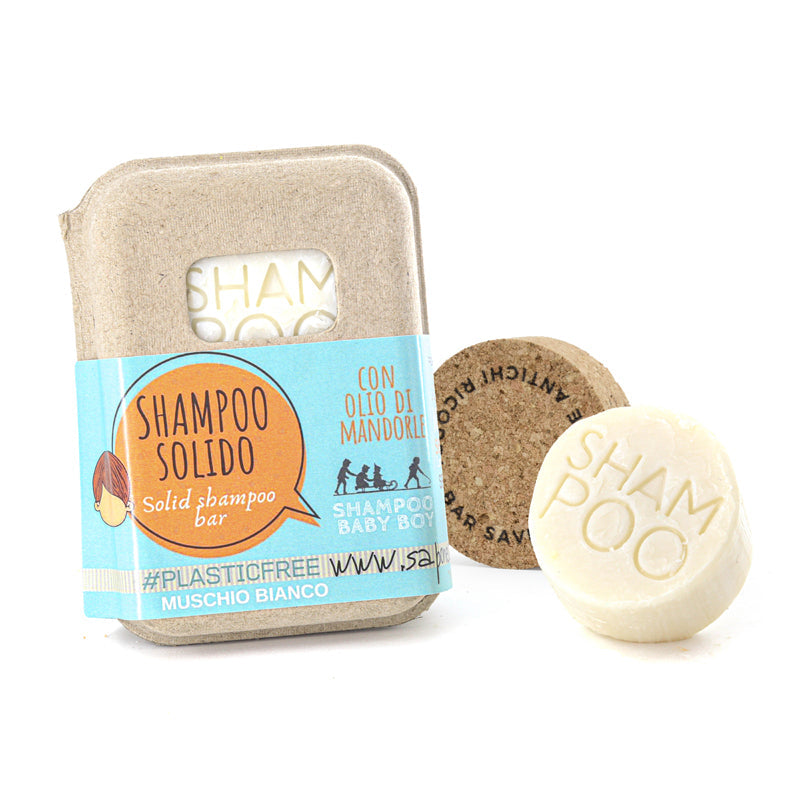 SHAMPOO SOLIDO BABY BOY AL MUSCHIO BIANCO CON BAR SAVER IN SUGHERO