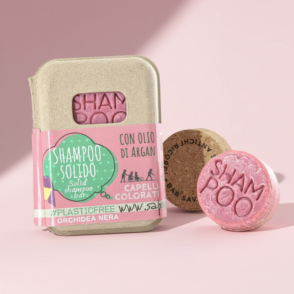 SHAMPOO SOLIDO CAPELLI COLORATI ALL'ORCHIDEA NERA CON BAR SAVER IN SUGHERO