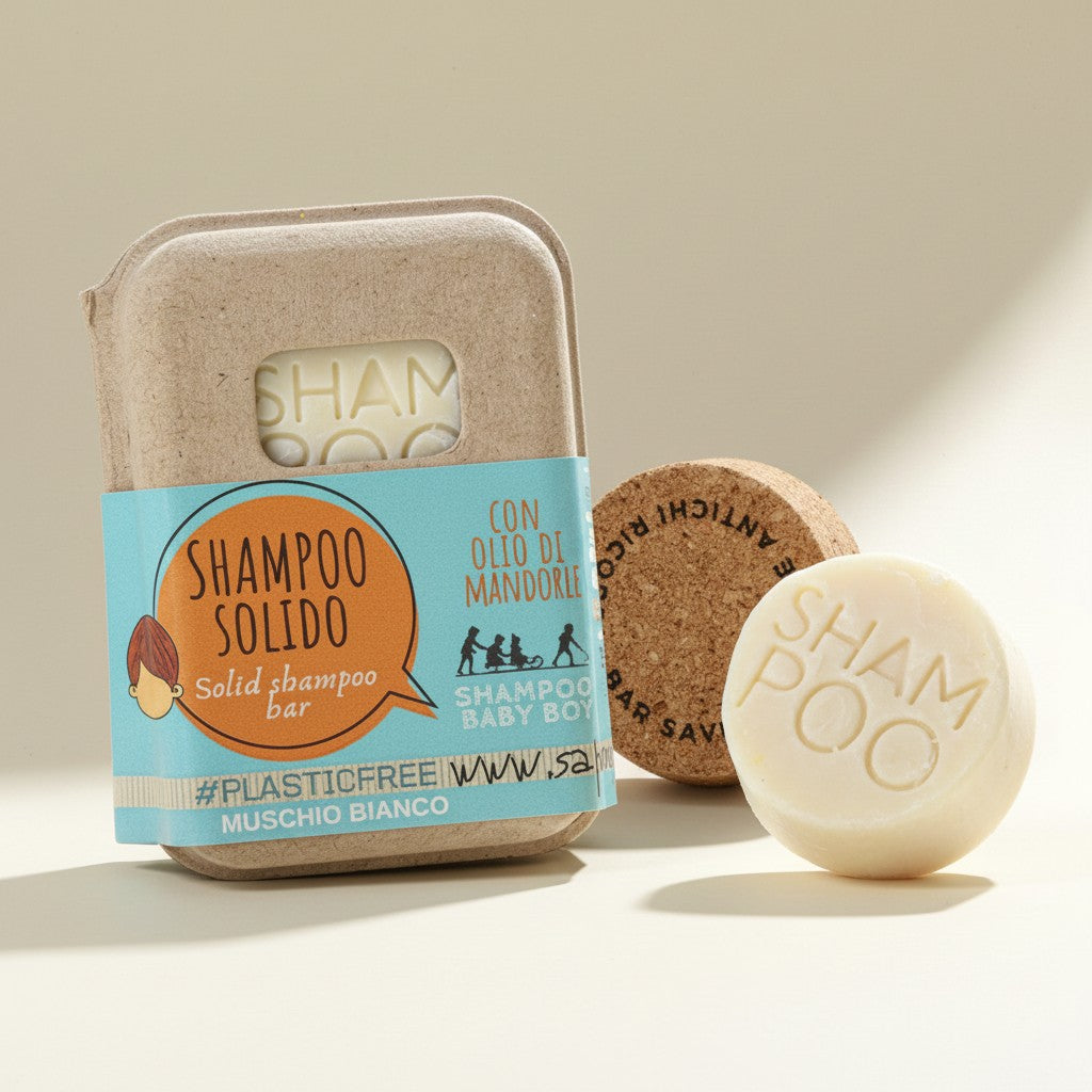 SHAMPOO SOLIDO BABY BOY AL MUSCHIO BIANCO CON BAR SAVER IN SUGHERO
