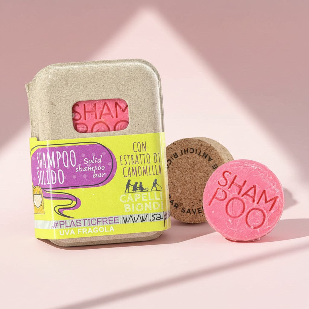 SHAMPOO SOLIDO CAPELLI BIONDI ALL'UVA FRAGOLA CON BAR SAVER IN SUGHERO