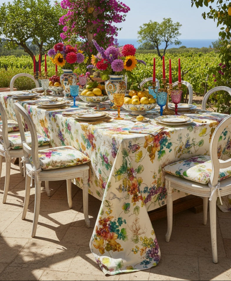 Tovaglia in Puro Lino con Stampa Digitale Botanica | Eleganza Mediterranea | 150x190 / 150x250cm