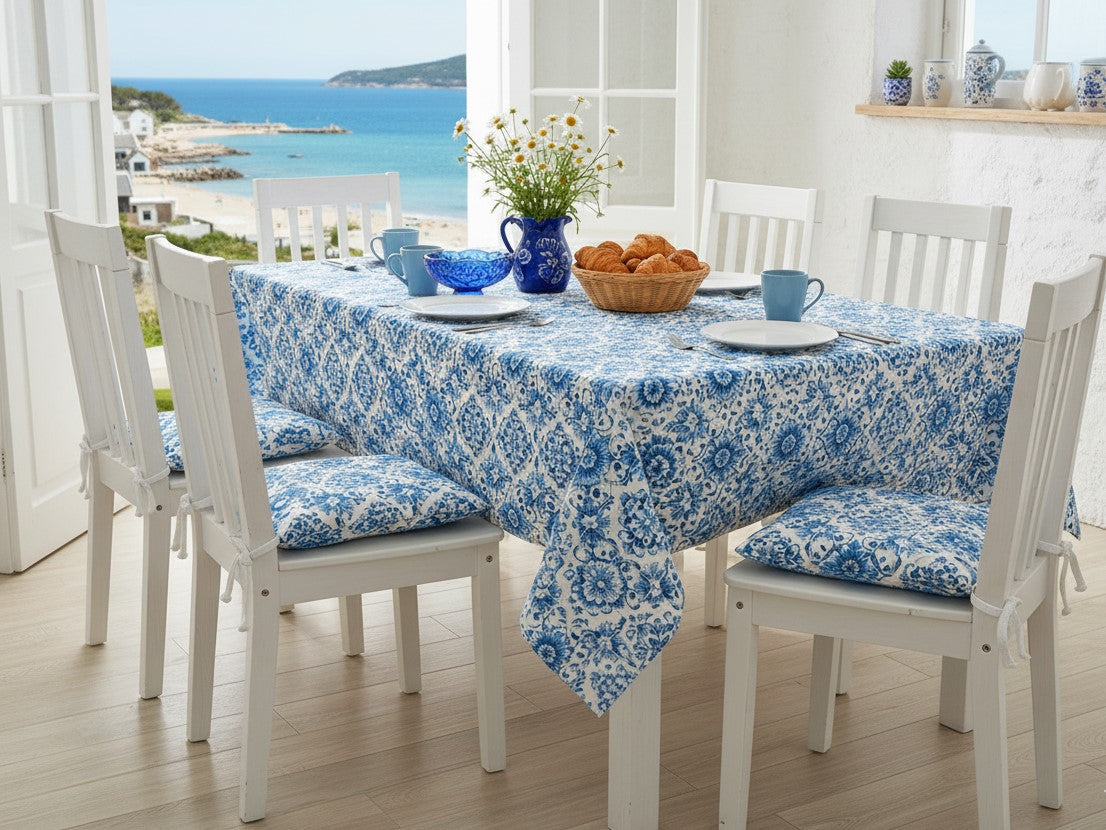 Tovaglia im Cotone Drill „Mediterraneo“ | Fantasia Blu su Bianco - Varie Misure