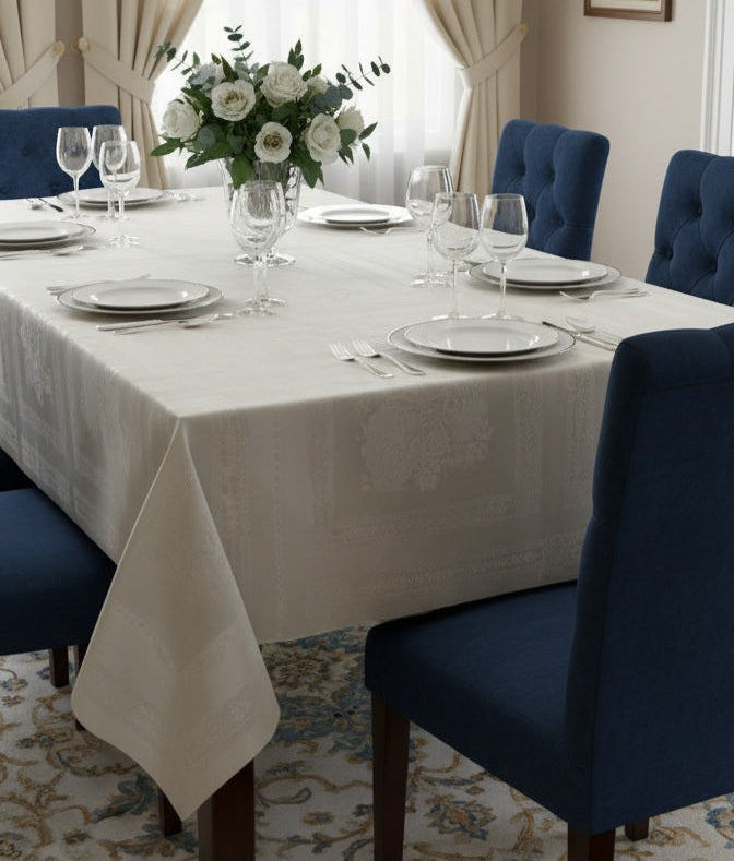 Tovaglia di Lusso RUBINO Jacquard Misto Lino - Design Tela Aida - Su Misura (Bianco/Avorio)