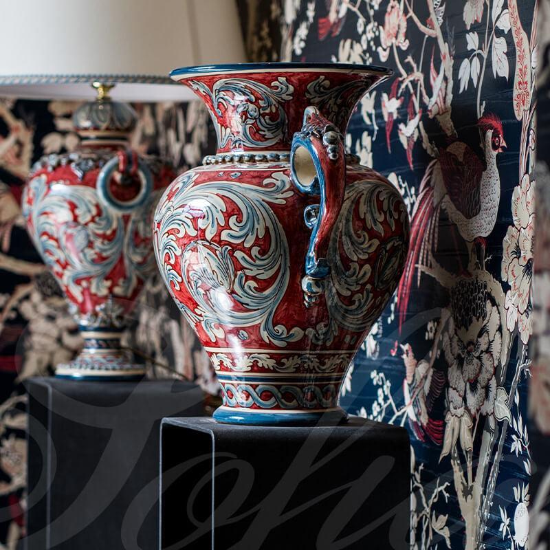 Vaso anfora h 40 ornato blu/bordeaux - Ceramiche di caltagirone Sofia