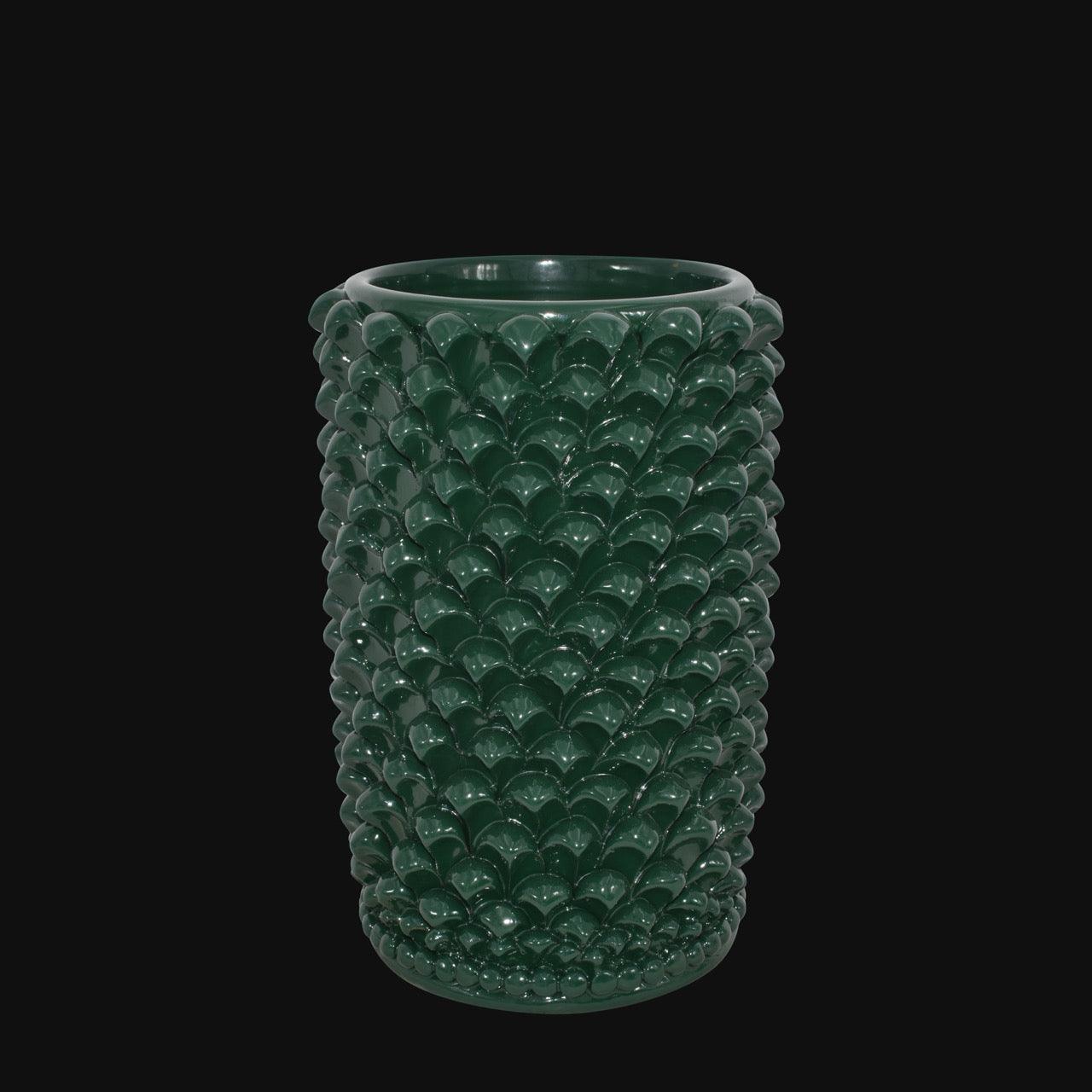 Vaso cilindro pigna di Caltagirone modellata a mano altezza 25 cm in verde antico