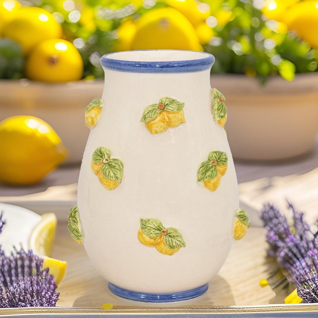 Vaso con limoni h 25 white and lemon in ceramica di Caltagirone